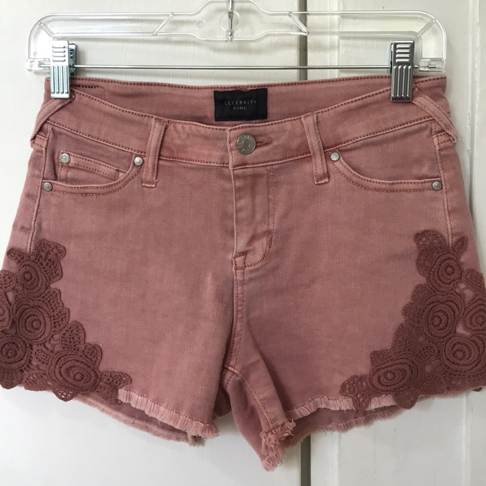 Celebrity Pink Mid Rise Crochet Appliqué Shorts